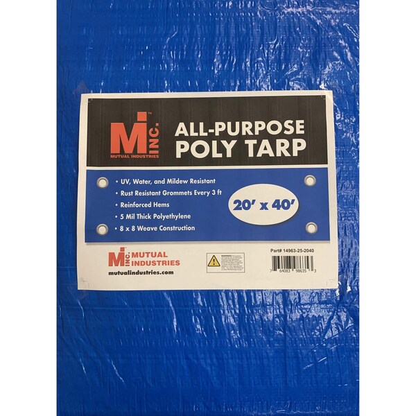 Tarp, 20 ft x 40 ft, 5 Mil, Blue, UV Resistant, Mildew Resistant